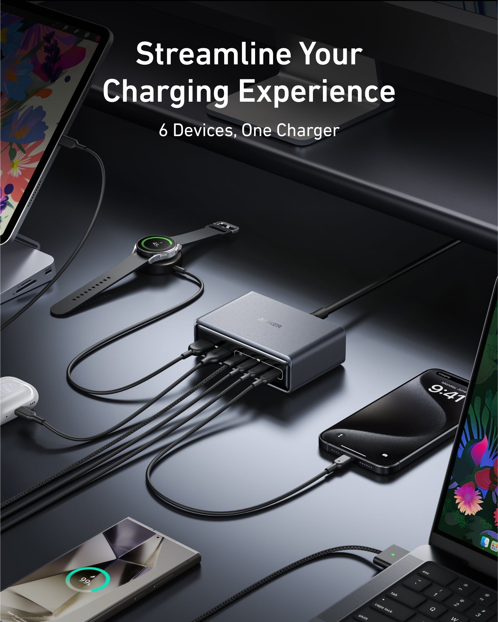 Prime Charger (200W, 6 Ports, GaN) and USB-C to USB-C Cable (6 ft, 240W, Upcycled-Braided) S2